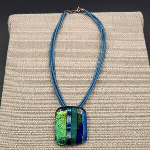 15 Inch Sterling Silver And Blue Leather Glass Pendant Necklace B928